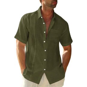 قميص Hestenve رجالي قصير الأكمام كوبي كامب Guayabera من الكتان القطني بأزرار للشاطئ وأزرار سفلية in Kuwait