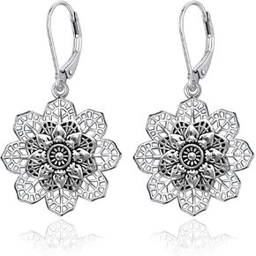 Fiklon Boho Vintage Flower Earrings for Women, 925 Sterling Silver Leverback Hollow Bohemian Dangle Drop Earrings Mandala Tribal Floral Earring Western Indian Jewelry