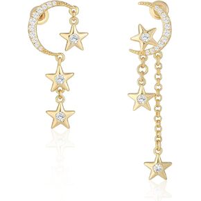 MESOVOR Moon Star Dangle Earrings, 16K Gold Plated Drop Tassel | Sparkling Zirconia Asymmetrical Earrings for Women Girls