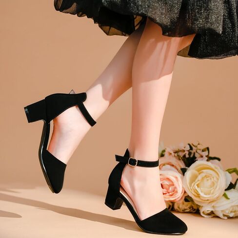 LAURMOSA Girls Dress Shoes Closed Toe Chunky Heels Ankle Strap Wedding Party Pump Shoes in Kuwait