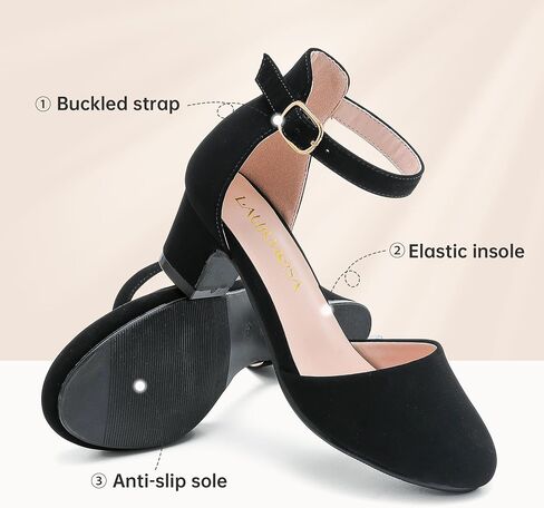 LAURMOSA Girls Dress Shoes Closed Toe Chunky Heels Ankle Strap Wedding Party Pump Shoes in Kuwait