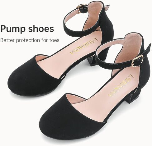 LAURMOSA Girls Dress Shoes Closed Toe Chunky Heels Ankle Strap Wedding Party Pump Shoes in Kuwait