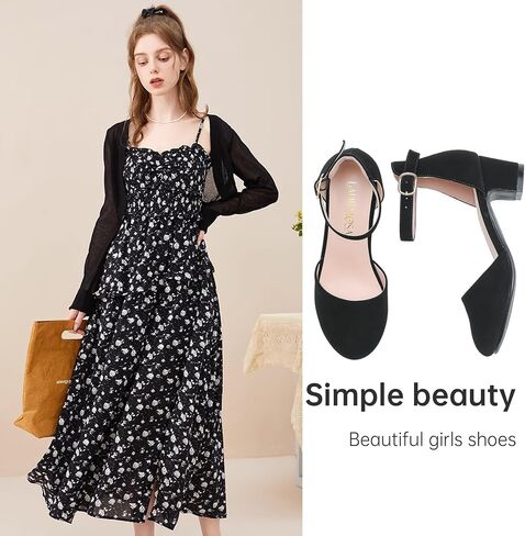 LAURMOSA Girls Dress Shoes Closed Toe Chunky Heels Ankle Strap Wedding Party Pump Shoes in Kuwait