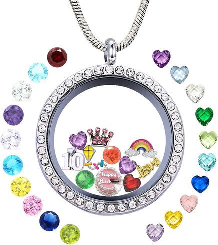 Birthday Gifts for Girl Her, Floating Living Memory Locket Necklace Pendant with Charms & Birthstones for 6th 7th 8th 9th 10th 11th 12th 13th 14th 15th Sweet 16 18th 21st 30th in Kuwait