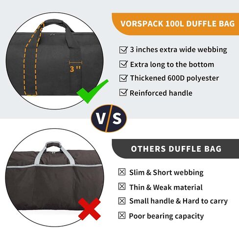 Vorspack Extra Large Duffle Bag for Travel - 100L Duffel Bag for Men Gear Bag for Storage Foldable Weekender Bag for Overnight Camping - Black in Saudi Arabia
