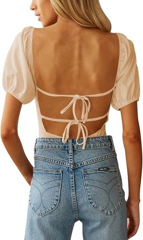 oten Women's Sexy Backless Puff Sleeve Square Neck Tie Back Bodysuit Tops in Kuwait
