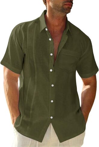 Hestenve Mens Short Sleeve Cuban Camp Guayabera Shirt Linen Cotton Hippie Beach Button Down Shirts in Saudi Arabia