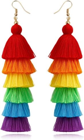 DIYANMMY 3 Tier Layered Colorful Tassel Earrings Bohemian Big Dangle Drop Fashion Jewelry Earrings for Women Teen Girls Valentine Birthday Party Gift. in Saudi Arabia
