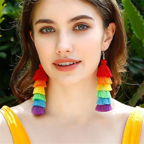 DIYANMMY 3 Tier Layered Colorful Tassel Earrings Bohemian Big Dangle Drop Fashion Jewelry Earrings for Women Teen Girls Valentine Birthday Party Gift. in Saudi Arabia