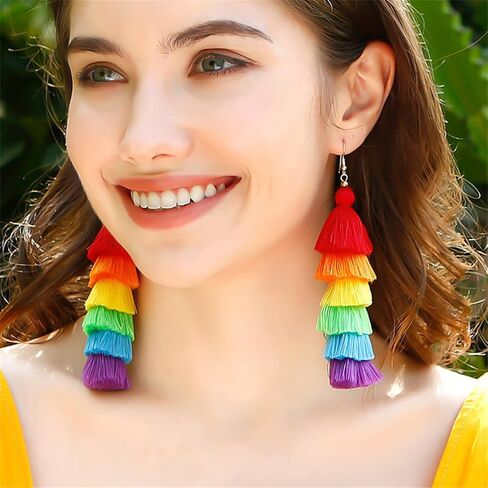 DIYANMMY 3 Tier Layered Colorful Tassel Earrings Bohemian Big Dangle Drop Fashion Jewelry Earrings for Women Teen Girls Valentine Birthday Party Gift. in Saudi Arabia