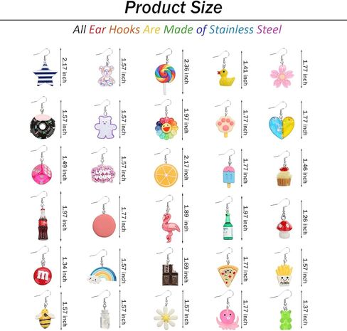 bomogle 30 زوجًا من الأقراط اللطيفة والغريبة للنساء أقراط kawaii بما في ذلك فلامنغو قوس قزح بطة غائر الدب زجاجة ماء بيتزا فرايز فطر محارة قطرة متدلية مجموعة أقراط للفتيات in Kuwait