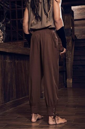 Mens Medieval Pirate Ankle Pants Viking Renaissance Costume Lace Up Tapered Banded Navigator Trousers in Kuwait