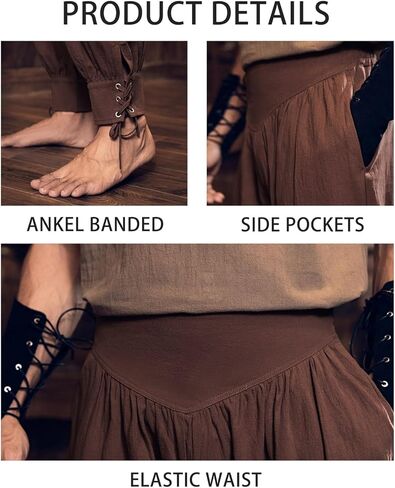 Mens Medieval Pirate Ankle Pants Viking Renaissance Costume Lace Up Tapered Banded Navigator Trousers in Kuwait