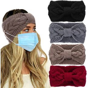 VEEJION Women Knitted Knotted Winter Twist Warm Headband with Buttons for Face Mask Cover Cold Weather Hair Accessories Head Wrap and Christmas Gifts（4 Pcs）