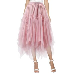 تنورة نسائية من التول عالية ومنخفضة غير متناظرة بطول ميدي تنورة من التول بخصر مطاطي وتنورة طويلة من التول بطبقة مزدوجة in Kuwait