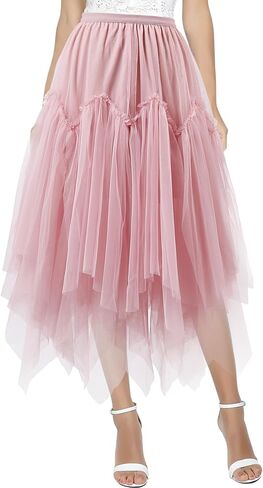 تنورة نسائية من التول عالية ومنخفضة غير متناظرة بطول ميدي تنورة من التول بخصر مطاطي وتنورة طويلة من التول بطبقة مزدوجة in Kuwait