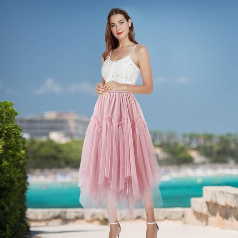 تنورة نسائية من التول عالية ومنخفضة غير متناظرة بطول ميدي تنورة من التول بخصر مطاطي وتنورة طويلة من التول بطبقة مزدوجة in Kuwait