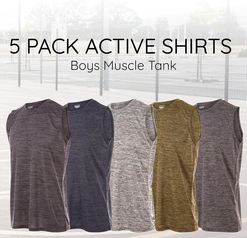 Essential Elements Boys Active Shirt - Quick-Dry Athletic Workout Training Stretch Crew Neck Muscle Tank Top 5 Pack in Kuwait