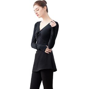 Daydance Black Cotton Teen Girls Ballet Wrap Top Crop Dance Cover up with Thumb Hole