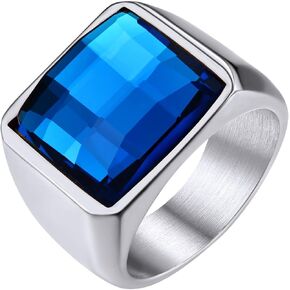 KeyStyle Square Gemstone Signet Rings for Men, Personalized Stainless Steel Pinky Ring with Black Onxy Blue Topaz Birthstone Statement Ring