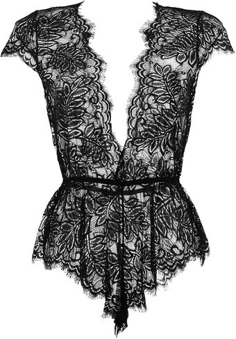 Anyou Womens Lingerie V-Neck Lace Bodysuit Mini Babydoll Featuring Plunging Eyelash Size XS-XXL in Kuwait
