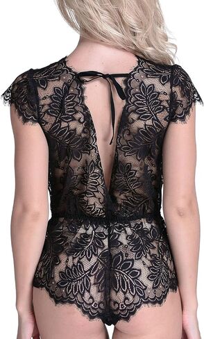 Anyou Womens Lingerie V-Neck Lace Bodysuit Mini Babydoll Featuring Plunging Eyelash Size XS-XXL in Kuwait