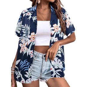 Women Hawaii Shirts Soft Cool Floral Tropic Print V Neck Summer Tops Short Sleeve Button Up Tops T-Shirt