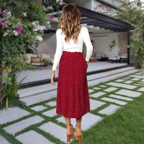 Exlura Womens High Waist Polka Dot Pleated Skirt Midi Swing Skirt with Pockets Red Small in Kuwait
