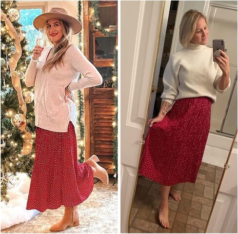 Exlura Womens High Waist Polka Dot Pleated Skirt Midi Swing Skirt with Pockets Red Small in Kuwait
