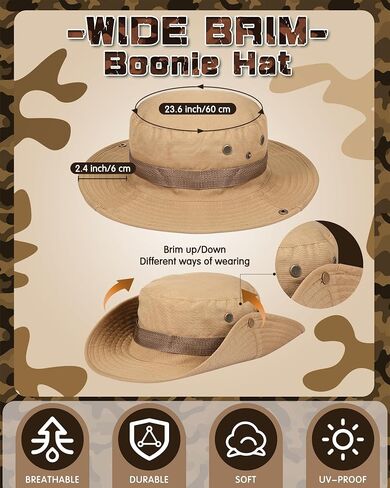 قبعات Coume Safari Boonie كبيرة الحجم قبعات صيد بحافة واسعة للرجال والنساء قبعة مموهة Boonie لرحلات السفاري والمشي لمسافات طويلة العسكرية in Kuwait