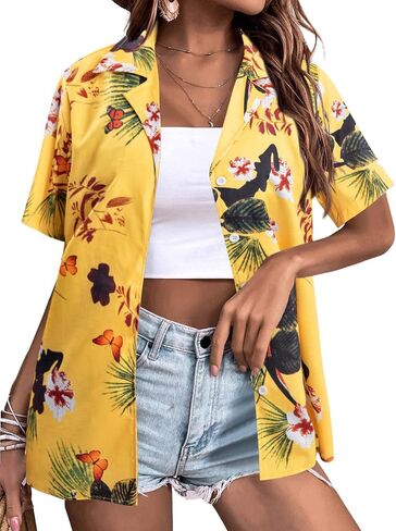Women Hawaii Shirts Soft Cool Floral Tropic Print V Neck Summer Tops Short Sleeve Button Up Tops T-Shirt in Saudi Arabia