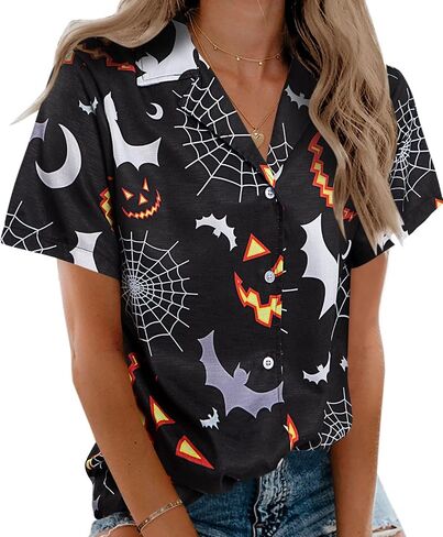Women Hawaii Shirts Soft Cool Floral Tropic Print V Neck Summer Tops Short Sleeve Button Up Tops T-Shirt in Saudi Arabia