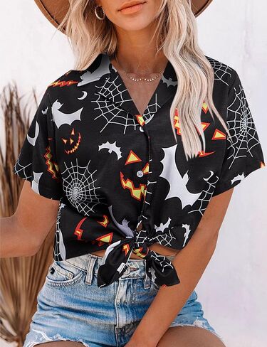 Women Hawaii Shirts Soft Cool Floral Tropic Print V Neck Summer Tops Short Sleeve Button Up Tops T-Shirt in Saudi Arabia