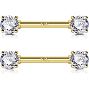 OUFER 2PCS Nipple Rings, 14K Solid Gold Nipple Piercing Jewelry, Clear CZ Nipple Piercing, 14G Nipple Barbells, Nipple Rings For Women Men
