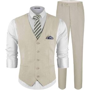 MAGE MALE Men's Linen 2 Piece Suit Slim Fit Wedding Groomsmen Summer Vest Pants Set with Pocket Square
