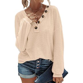 BTFBM Women Waffle Knit Shirts V-Neck Long Sleeve Casual Slouchy Loose Blouses Plain Faux Button Lightweight Pullover
