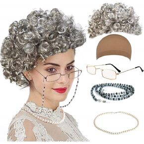 Old Lady Costume for Women, Kids 100 Days of School Grandma Wigs for Girls, Granny Costume Glasses for Halloween Adults,Style-2