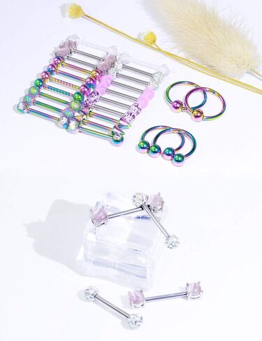 Oufksiyy 12 زوجًا من حلقات الحلمة الأنيقة CZ Stone Nipple Barbell Piercing 316L من الفولاذ المقاوم للصدأ 14G حلمة اللسان BarBell مجوهرات ثقب الجسم للنساء مجوهرات in Kuwait