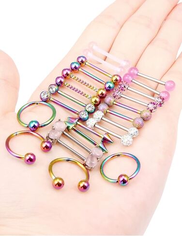 Oufksiyy 12 زوجًا من حلقات الحلمة الأنيقة CZ Stone Nipple Barbell Piercing 316L من الفولاذ المقاوم للصدأ 14G حلمة اللسان BarBell مجوهرات ثقب الجسم للنساء مجوهرات in Kuwait