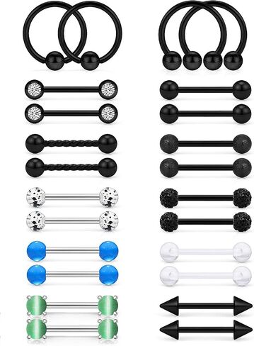 Oufksiyy 12 زوجًا من حلقات الحلمة الأنيقة CZ Stone Nipple Barbell Piercing 316L من الفولاذ المقاوم للصدأ 14G حلمة اللسان BarBell مجوهرات ثقب الجسم للنساء مجوهرات in Kuwait