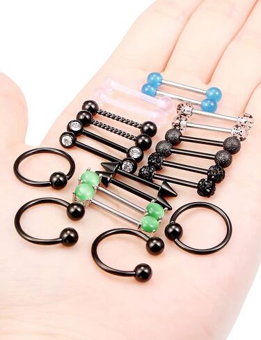 Oufksiyy 12 زوجًا من حلقات الحلمة الأنيقة CZ Stone Nipple Barbell Piercing 316L من الفولاذ المقاوم للصدأ 14G حلمة اللسان BarBell مجوهرات ثقب الجسم للنساء مجوهرات in Kuwait