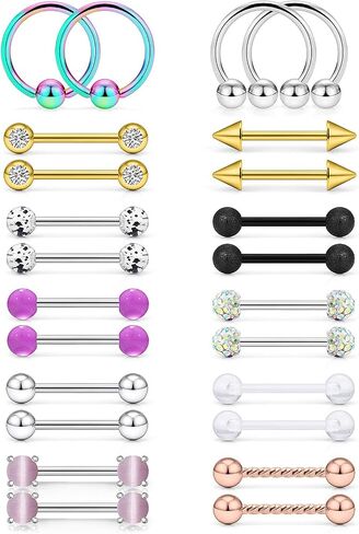 Oufksiyy 12 زوجًا من حلقات الحلمة الأنيقة CZ Stone Nipple Barbell Piercing 316L من الفولاذ المقاوم للصدأ 14G حلمة اللسان BarBell مجوهرات ثقب الجسم للنساء مجوهرات in Kuwait