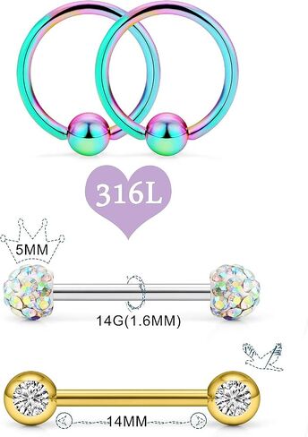 Oufksiyy 12 زوجًا من حلقات الحلمة الأنيقة CZ Stone Nipple Barbell Piercing 316L من الفولاذ المقاوم للصدأ 14G حلمة اللسان BarBell مجوهرات ثقب الجسم للنساء مجوهرات in Kuwait
