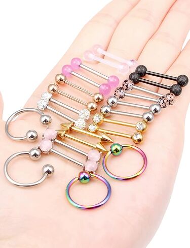 Oufksiyy 12 زوجًا من حلقات الحلمة الأنيقة CZ Stone Nipple Barbell Piercing 316L من الفولاذ المقاوم للصدأ 14G حلمة اللسان BarBell مجوهرات ثقب الجسم للنساء مجوهرات in Kuwait