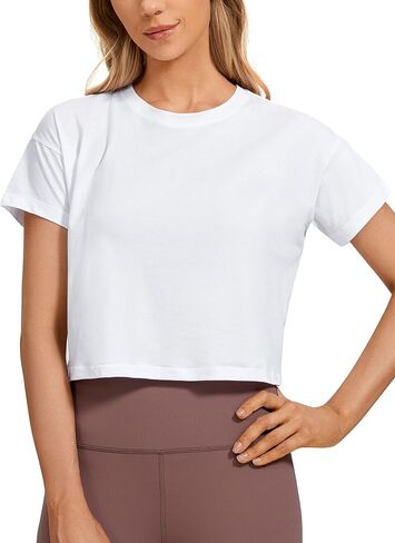 CRZ YOGA Women's Pima Cotton Workout Short Sleeve Shirts Loose Crop Tops Athletic Gym Shirt Casual Cropped T-Shirt in Saudi Arabia