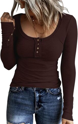 KINLONSAIR Women’s Long Sleeve Henley T Shirts Button Down Slim Fit Tops Scoop Neck Ribbed Knit Shirts in Saudi Arabia