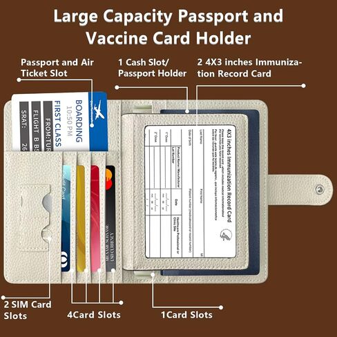 حامل جواز السفر للنساء، محفظة جواز السفر من الجلد الطبيعي مع خاصية حجب RFID للرجال والنساء، غطاء جواز السفر مع إغلاق سريع مناسب لبطاقة تسجيل التحصين المحدثة (العاجي) in Kuwait