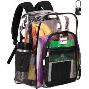 SHYLERO Clear Backpack Heavy Duty has TSA Lock, 2-WAY Zipper. PVC Transparent Backpack Is Extra Large - H18''xW14''xD8 - Beige in Saudi Arabia
