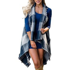 Inorin Womens Sleeveless Plaid Asymmetrical Hem Tassel Drape Open Front Cardigan Vest
