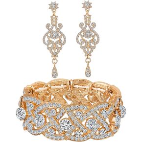 Paxuan Womens Rhinestone Crystal Wedding Bridal Bridesmaid Tennis Bangles Statement Elastic Stretch Bracelets Rhinestone Chandelier Wedding Bridal Drop Dangle Earrings Jewelry Sets